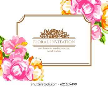 Vintage delicate invitation with flowers for wedding, marriage, bridal, birthday, Valentine's day.
