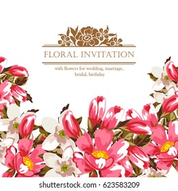 Vintage delicate invitation with flowers for wedding, marriage, bridal, birthday, Valentine's day.