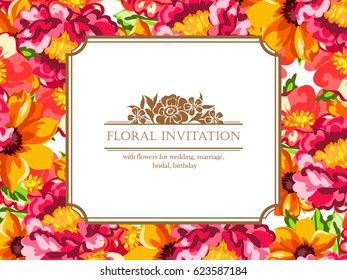 Vintage delicate invitation with flowers for wedding, marriage, bridal, birthday, Valentine's day.