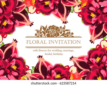 Vintage delicate invitation with flowers for wedding, marriage, bridal, birthday, Valentine's day.