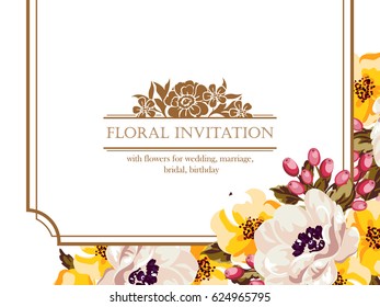 Vintage delicate invitation with flowers for wedding, marriage, bridal, birthday, Valentine's day.