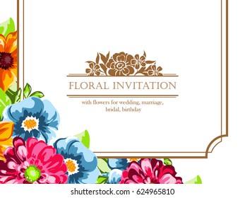 Vintage delicate invitation with flowers for wedding, marriage, bridal, birthday, Valentine's day.