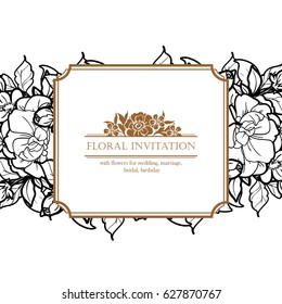 Vintage delicate invitation with flowers for wedding, marriage, bridal, birthday, Valentine's day.