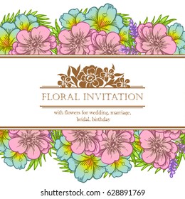 Vintage delicate invitation with flowers for wedding, marriage, bridal, birthday, Valentine's day. Romantic vector illustration.