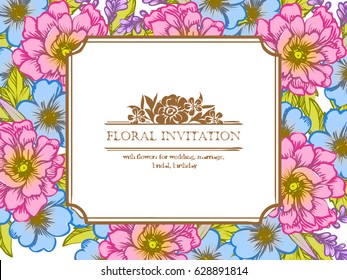 Vintage delicate invitation with flowers for wedding, marriage, bridal, birthday, Valentine's day. Romantic vector illustration.