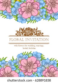 Vintage delicate invitation with flowers for wedding, marriage, bridal, birthday, Valentine's day. Romantic vector illustration.