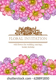 Vintage delicate invitation with flowers for wedding, marriage, bridal, birthday, Valentine's day. Romantic vector illustration.