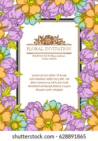 Vintage delicate invitation with flowers for wedding, marriage, bridal, birthday, Valentine's day. Romantic vector illustration.