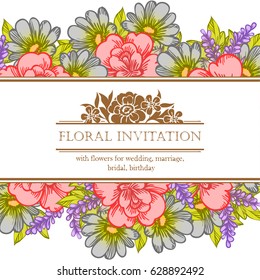 Vintage delicate invitation with flowers for wedding, marriage, bridal, birthday, Valentine's day. Romantic vector illustration.