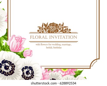 Vintage delicate invitation with flowers for wedding, marriage, bridal, birthday, Valentine's day. Romantic vector illustration.