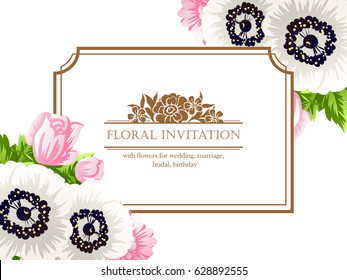 Vintage delicate invitation with flowers for wedding, marriage, bridal, birthday, Valentine's day. Romantic vector illustration.