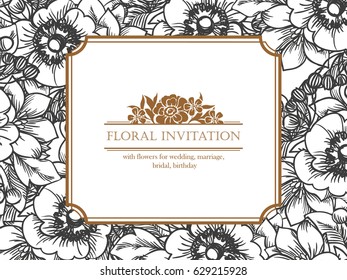 Vintage delicate invitation with flowers for wedding, marriage, bridal, birthday, Valentine's day. Romantic vector illustration.