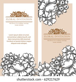 Vintage delicate invitation with flowers for wedding, marriage, bridal, birthday, Valentine's day. Romantic vector illustration.