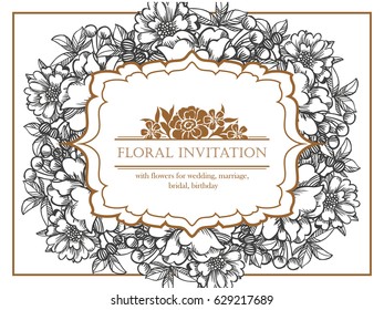 Vintage delicate invitation with flowers for wedding, marriage, bridal, birthday, Valentine's day. Romantic vector illustration.