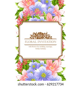 Vintage delicate invitation with flowers for wedding, marriage, bridal, birthday, Valentine's day. Romantic vector illustration.