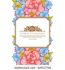 Vintage delicate invitation with flowers for wedding, marriage, bridal, birthday, Valentine's day. Romantic vector illustration.