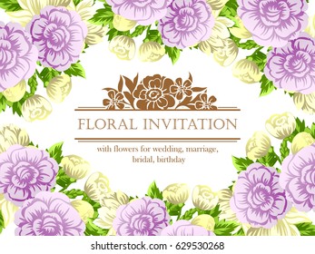 Vintage delicate invitation with flowers for wedding, marriage, bridal, birthday, Valentine's day. Romantic vector illustration.