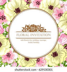 Vintage delicate invitation with flowers for wedding, marriage, bridal, birthday, Valentine's day. Romantic vector illustration.