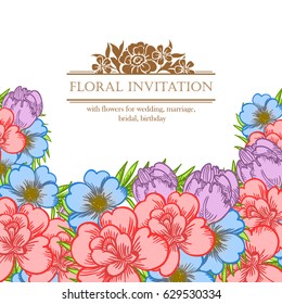Vintage delicate invitation with flowers for wedding, marriage, bridal, birthday, Valentine's day. Romantic vector illustration.