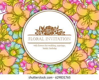 Vintage delicate invitation with flowers for wedding, marriage, bridal, birthday, Valentine's day. Romantic vector illustration.
