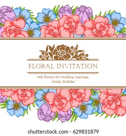 Vintage delicate invitation with flowers for wedding, marriage, bridal, birthday, Valentine's day. Romantic vector illustration.