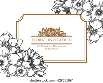 Vintage delicate invitation with flowers for wedding, marriage, bridal, birthday, Valentine's day. Romantic vector illustration.