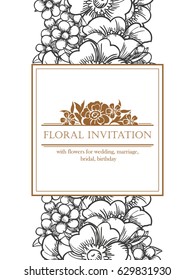 Vintage delicate invitation with flowers for wedding, marriage, bridal, birthday, Valentine's day. Romantic vector illustration.