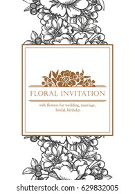 Vintage delicate invitation with flowers for wedding, marriage, bridal, birthday, Valentine's day. Romantic vector illustration.