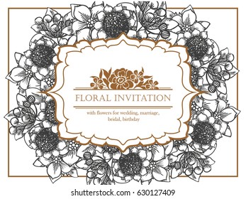 Vintage delicate invitation with flowers for wedding, marriage, bridal, birthday, Valentine's day. Romantic vector illustration.