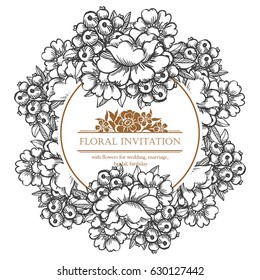 Vintage delicate invitation with flowers for wedding, marriage, bridal, birthday, Valentine's day. Romantic vector illustration.