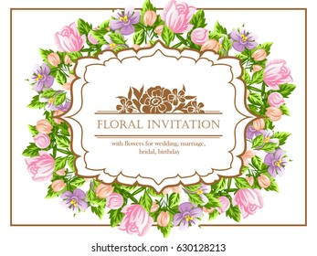 Vintage delicate invitation with flowers for wedding, marriage, bridal, birthday, Valentine's day. Romantic vector illustration.