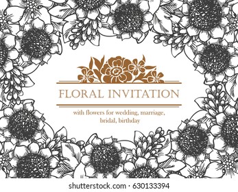 Vintage delicate invitation with flowers for wedding, marriage, bridal, birthday, Valentine's day. Romantic vector illustration.