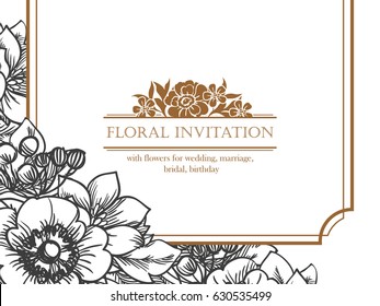 Vintage delicate invitation with flowers for wedding, marriage, bridal, birthday, Valentine's day. Romantic vector illustration.