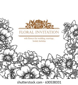Vintage delicate invitation with flowers for wedding, marriage, bridal, birthday, Valentine's day. Romantic vector illustration.