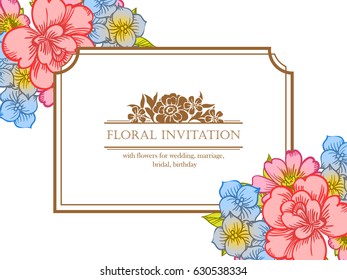 Vintage delicate invitation with flowers for wedding, marriage, bridal, birthday, Valentine's day. Romantic vector illustration.