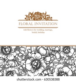 Vintage delicate invitation with flowers for wedding, marriage, bridal, birthday, Valentine's day. Romantic vector illustration.