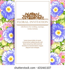 Vintage delicate invitation with flowers for wedding, marriage, bridal, birthday, Valentine's day. Romantic vector illustration.