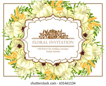 Vintage delicate invitation with flowers for wedding, marriage, bridal, birthday, Valentine's day. Romantic vector illustration.