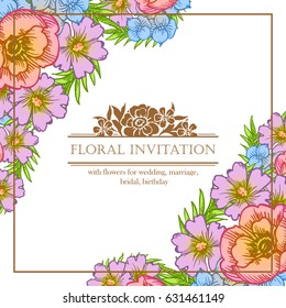 Vintage delicate invitation with flowers for wedding, marriage, bridal, birthday, Valentine's day. Romantic vector illustration.