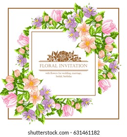Vintage delicate invitation with flowers for wedding, marriage, bridal, birthday, Valentine's day. Romantic vector illustration.