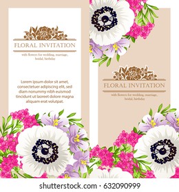 Vintage delicate invitation with flowers for wedding, marriage, bridal, birthday, Valentine's day. Romantic vector illustration.