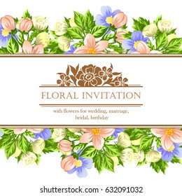 Vintage delicate invitation with flowers for wedding, marriage, bridal, birthday, Valentine's day. Romantic vector illustration.