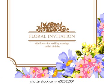 Vintage delicate invitation with flowers for wedding, marriage, bridal, birthday, Valentine's day. Romantic vector illustration.