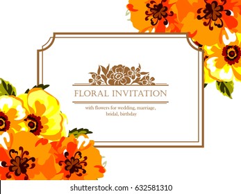 Vintage delicate invitation with flowers for wedding, marriage, bridal, birthday, Valentine's day. Romantic vector illustration.