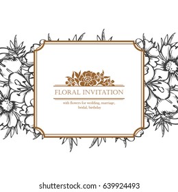 Vintage delicate invitation with flowers for wedding, marriage, bridal, birthday, Valentine's day.