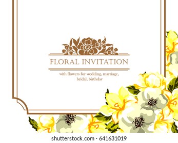 Vintage delicate invitation with flowers for wedding, marriage, bridal, birthday, Valentine's day.