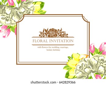 Vintage delicate invitation with flowers for wedding, marriage, bridal, birthday, Valentine's day. 