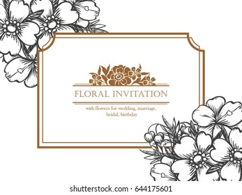 Vintage delicate invitation with flowers for wedding, marriage, bridal, birthday, Valentine's day.