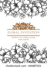 Vintage delicate invitation with flowers for wedding, marriage, bridal, birthday, Valentine's day.