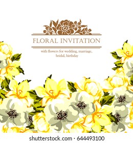 Vintage delicate invitation with flowers for wedding, marriage, bridal, birthday, Valentine's day.